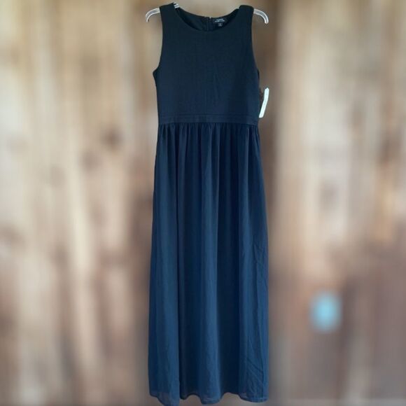 Tahari Knit Jersey Sleeveless Gathered Flowy Chiffon Black Round Neck Maxi Dress - Picture 8 of 9